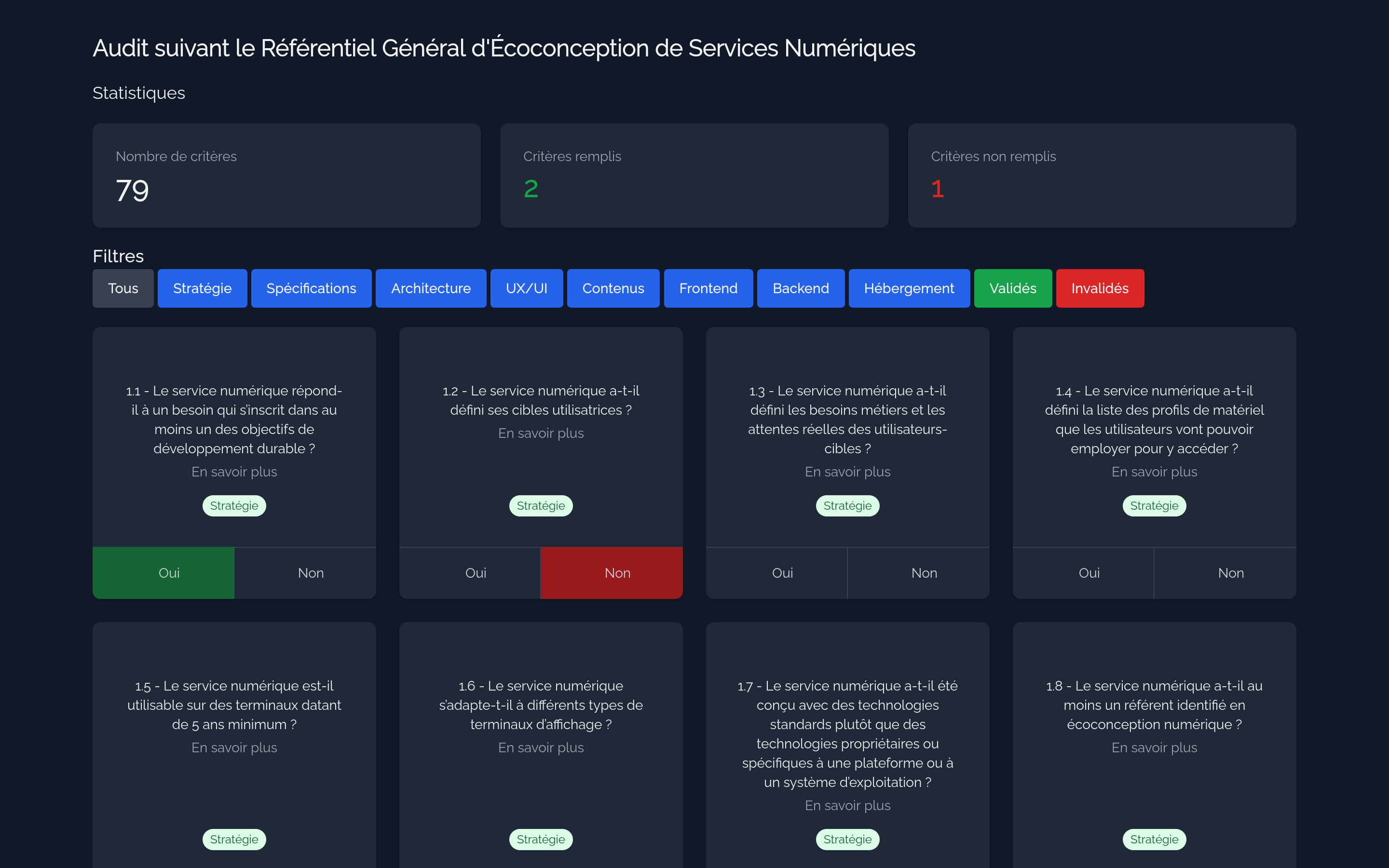 Capture d'écran de l'application d'audit RGESN