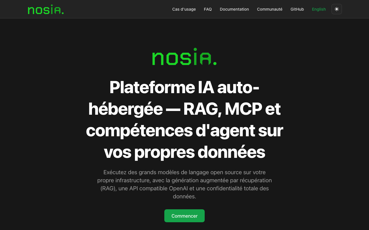 Capture d’écran de la page d’accueil de Nosia