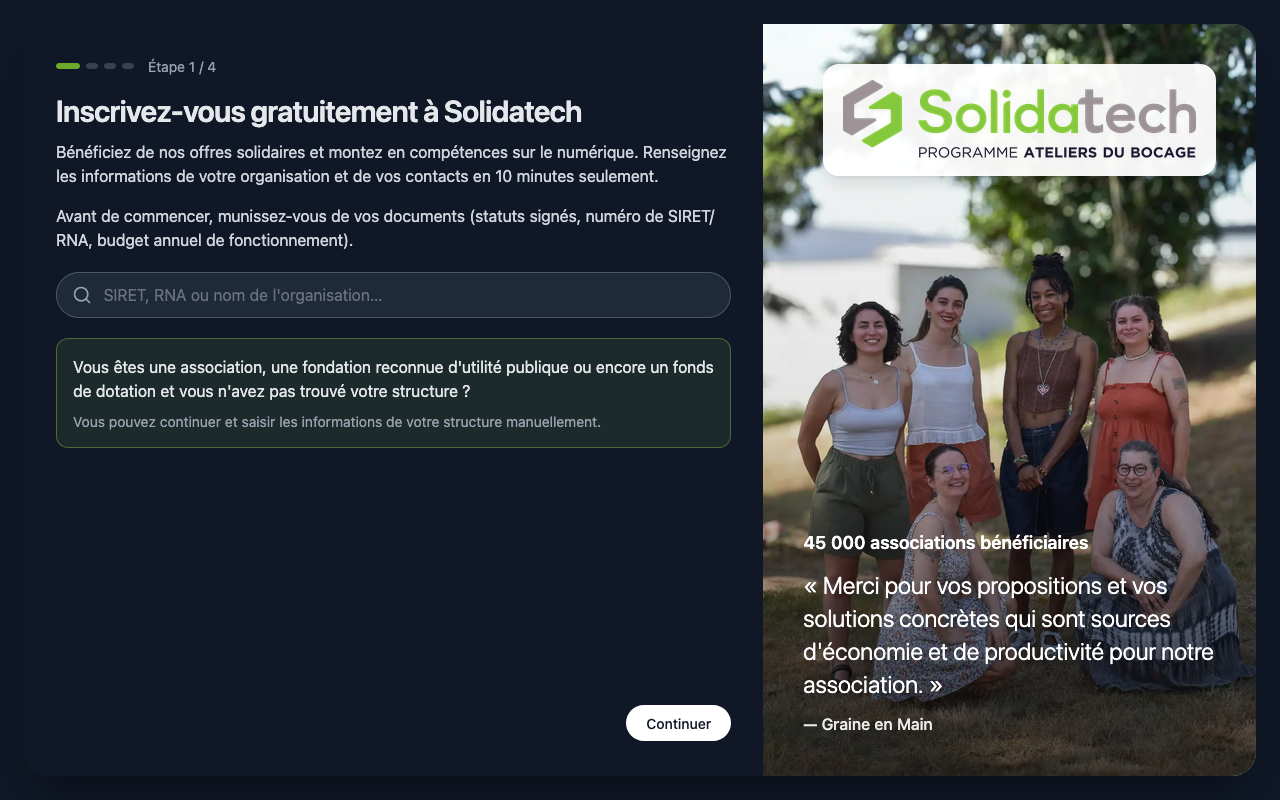 Capture d’écran du formulaire d’inscription à Solidatech